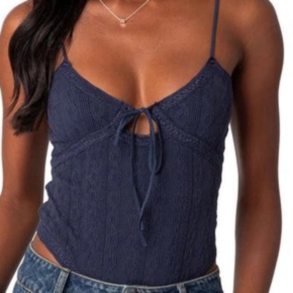 EDIKTED Women's Lacey Knit Cut Out Bodysuit In Navy